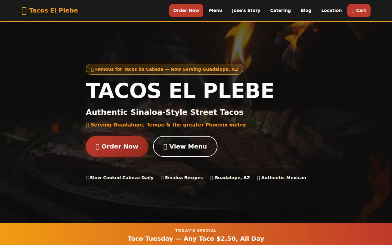 Tacos El Plebe homepage screenshot